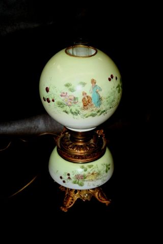 Antique " American " Oil Lamp Converted To Electric W/ Green Hand Painted Shade
