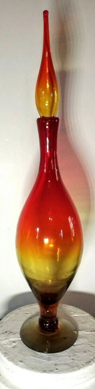 Blenko 23 " Footed Decanter With Flame Stopper Tangerine Amberina Piece