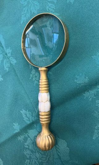 Antique Vintage Magnifying Glass Mother Of Pearl Brass Handle