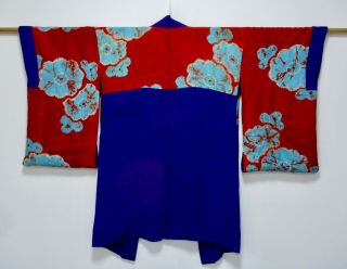 Japanese Kimono Silk Antique Long Haori / Purple / Fan / Vintage Silk /599