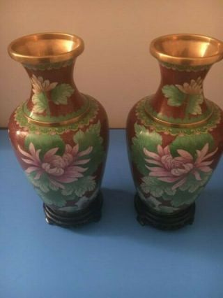 Antique/vintage Chinese Cloisonne Vases With Birds & Flowers 12 " Tall