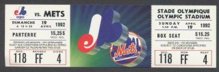 1992 Montreal Expos Mlb Baseball Full Ticket Vs Mets