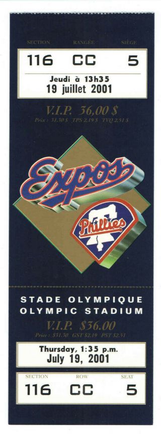 2001 Montreal Expos Mlb Baseball Full Ticket Vs Phillies 7 - 19