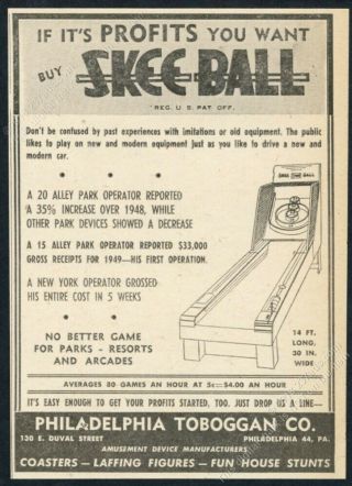 1950 Skee Ball Game Machine Art Philadelphia Toboggan Vintage Trade Print Ad