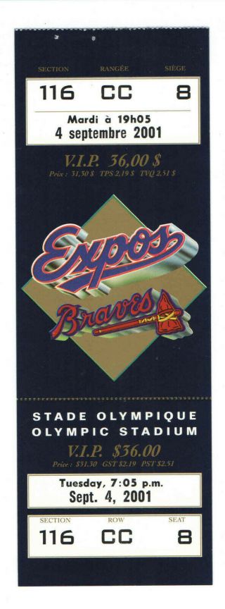 2001 Montreal Expos Mlb Baseball Full Ticket Vs Braves Andruw Jones Hr 9 - 4