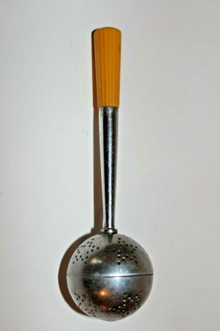 Vintage Art Deco Chrome Ball Tea Strainer Infuser Caved Bakelite Handle