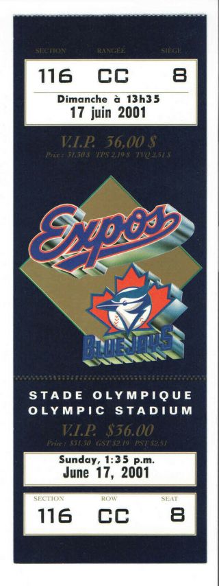 2001 Montreal Expos Mlb Baseball Full Ticket Vs Blue Jays Orlando Cabrera Hr