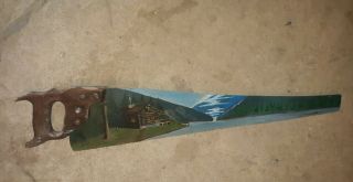 Vintage Folk Art Hand - Painted Hand Saw Blade Mountain Country Scene - Signed