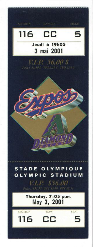 2001 Montreal Expos Mlb Baseball Full Ticket Vs Dbacks Johnson 11ko Guerrero5 - 3