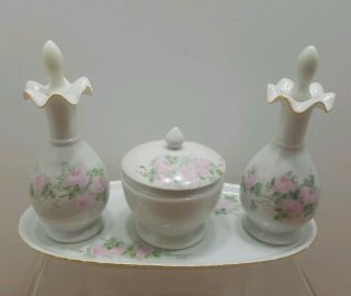 4 Pc.  Vintage Porcelain Hand Painted Vanity Dresser Set Pink Roses