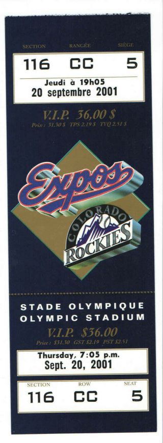 2001 Montreal Expos Mlb Baseball Full Ticket Vs Colorado Rockies 9 - 20