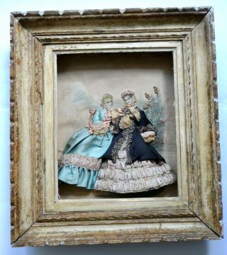 Antique Victorian Heloise Leloir Fabric Embellished 3d Shadow Box,  Signed,