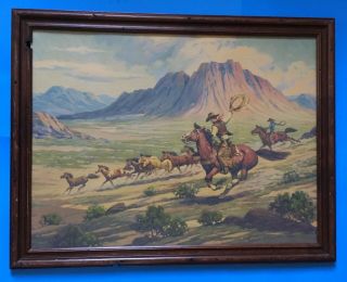 Vintage TILL GOODAN Western Cowboy Large Print Wild Horse Roundup MUSTANGS USA 3