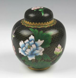 Vintage Chinese Export Cloisonne Enamel Brass Black Floral Lidded Urn Jar Nr Gis