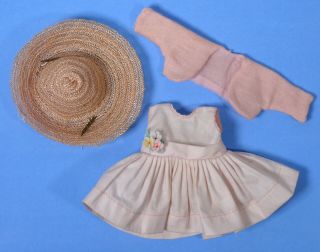 Vintage Vogue Ginny 8 " Doll Pink Party Dress Straw Hat Shrug Tagged 1957 Exclnt