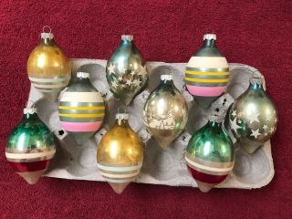 Vintage 9 Shiny Brite Oblong Glass Ornaments - Striped,  Stars,  Stencilled