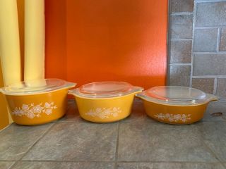 3 Vintage Pyrex Butterfly Gold Cinderella Casserole Dishes 471,  472,  473 W Lids