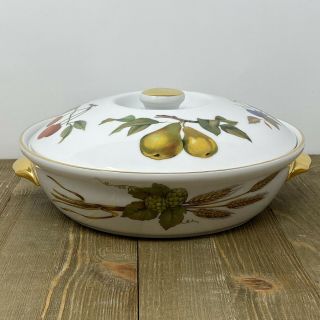Vintage Royal Worcester Evesham Porcelain Covered Casserole W/ Gold Knob Handles