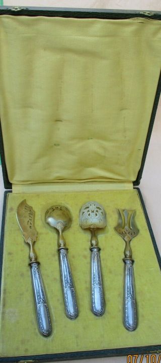 Antique French Sterling Silver&gold Vermeil Appetizer Pastry Serving Set 4 Boxed