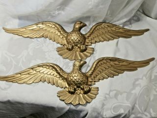 Set Of 2 Vintage Gold Metal Sexton Eagle Wall Plaques Decor 19 3/4 " Wide