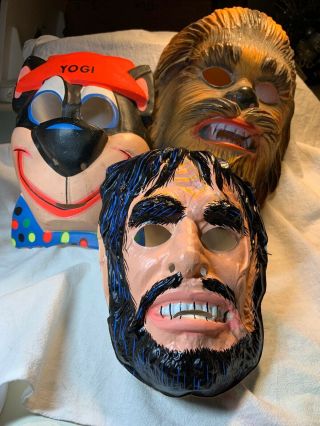 3 Vintage Masks Yogi Bear,  Korg,  &chewbacca Plastic Halloween Masks