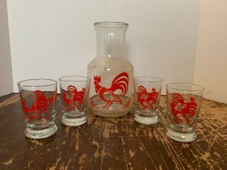 Vintage Libbey Rooster Juice Carafe And 4 Juice Glasses