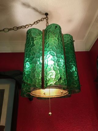 Vintage Mid Century 1960’s Green Glass Panels Hanging Chandelier Chain Lamp