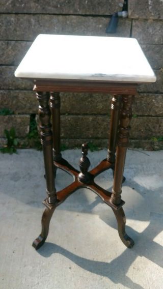 Atq Ornate Solid Walnut Spindle Marble Top Plant Stand Side Table Stand 36 " In.