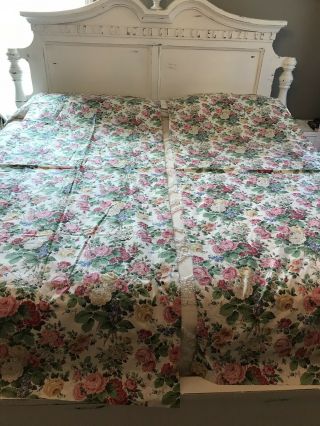 Vintage Barkcloth Era Fabric Roses 2 Panels Pink Shabby Cottage Chic French