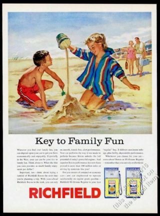 1960 Richfield Gas Gasoline Pump Girl Boy Beach Sand Playing Vintage Print Ad