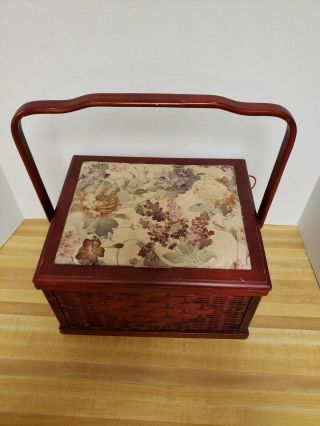 Vintage Wicker Wood Sewing Basket Box Floral Tapestry Lid Single Handle 7 " Square