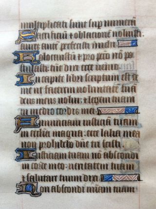 Illuminated Manuscript Leaf From Book Of Hours C.  1450 Gold Initials