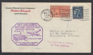 1928,  1st Airplane - Motorcycle Courier Service Cover W/ Indian Motorcycle Adv.  Vf