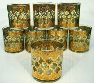 8 Vintage Mid Century Culver Green Gold Valencia 10oz Lowball Cocktail Glasses