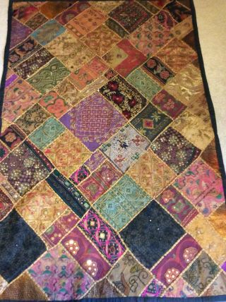 Antique Indian Kutch Hand Made Embroidered Vintage Mirror Patchwork Rug Panel
