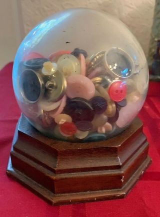 Vintage Bowl O Beauty Glass Globe And Wood Stand Full Of Vintage Buttons.