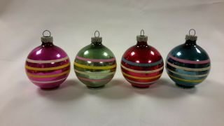 4 Vintage Shiny Brite Multi Color Striped Mercury Glass Christmas Ornaments