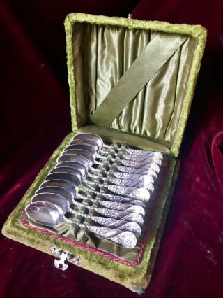 Antique Victorian 19th C Rogers Bros Silverplate Tea Spoon Set 12 Velvet Box Wow
