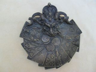 Antique Bronze Devil Face And Poker Cards Ashtray