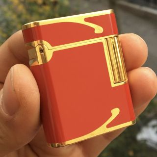 Antique Vintage St Dupont Soubreny Gold Plated Red Lacquer Lighter Rare