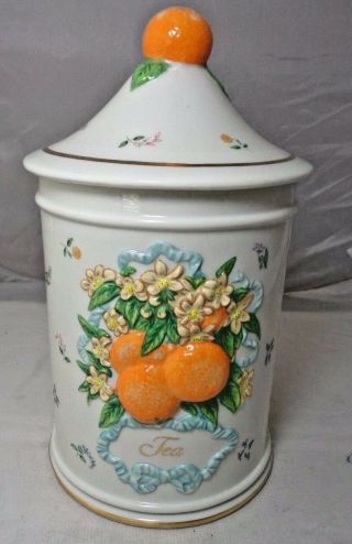 Vtg 1989 Franklin " Le Cordon Bleu " Porcelain Tea Canister With Orange Decor