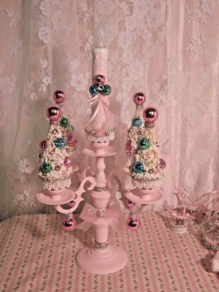 Shabby Vintage Hp Pink Aqua Sage Christmas Bottle Brush Jeweled Candelabra