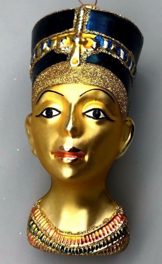 Vintage Egyptian Revival Queen Nefertiti Bust Blown Glass Christmas Ornament