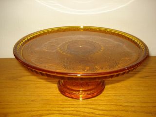 Vintage 10” Amber Glass Cake Plate Stand Pedestal