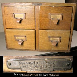 Antique Oak Remington Rand Library Bureau 4 Drawer Index Card File Cabinet