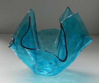 Vintage Large Chance Aqua Glass Handkerchief Vase Bowl 1970s