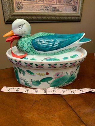 Asian Chinese Duck Dish Casserole Vintage Hand Painted Famille Rose Lotus