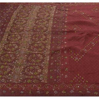 Sanskriti Vintage Dark Red Saree Pure Silk Hand Beaded Craft Fabric Ethnic Sari