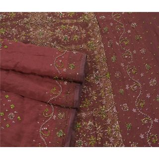 Sanskriti Vintage Dark Red Saree Pure Silk Hand Beaded Craft Fabric Ethnic Sari 3