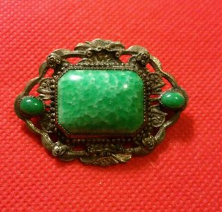 Antique/vintage Art Deco Green Peking Glass Filigree Metal Pin Brooch